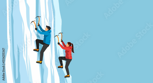 Two people ice climbing up a steep frozen waterfall using ice axes and crampons