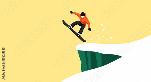 Snowboarder performing a jump off a snowy cliff against a yellow background