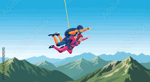 Pixel Art Tandem Skydivers Free Falling Over Mountain Landscape