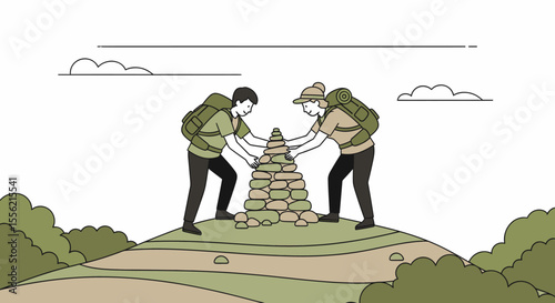 Two hikers build a cairn on a hilltop symbolizing teamwork and achievement