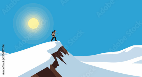 Pixel art adventurer standing on snowy mountain peak under bright sun