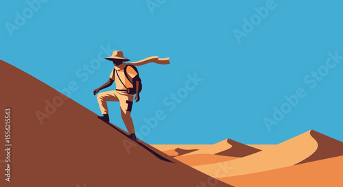 Adventurer climbing sand dune in vast desert under clear blue sky