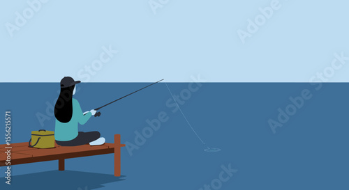 Woman fishing from a wooden pier on a calm blue lake