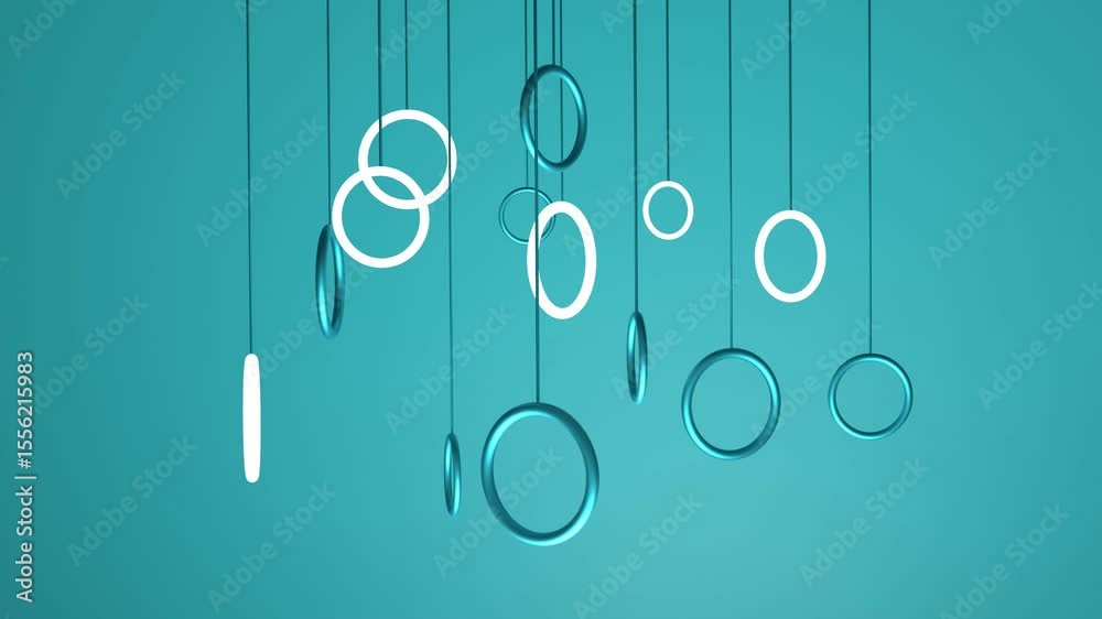 3D animation of neon and blue metallic rings rotating in random directions. Modern background for product visualization.

