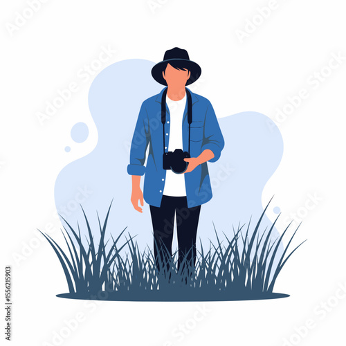 Adventurous Man with Camera Exploring Nature Grasslands and Scenic Views