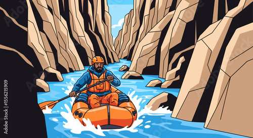 Adventurous man white water rafting through a scenic canyon on a sunny day