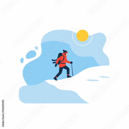 Winter hiker with backpack and poles on snowy mountain slope under sunny sky