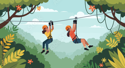 Two women zip lining through a lush green tropical forest canopy on a sunny day