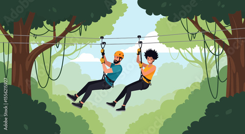 Couple enjoying zip line adventure through lush green forest canopy