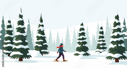 Person Snowshoeing Through a Winter Forest with Snow Covered Pine Trees