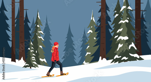Woman snowshoeing through a snowy winter forest during the day