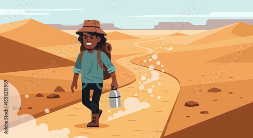 Pixel Art Adventurer Hiking Through Sandy Desert Landscape on Sunny Day