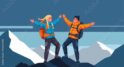 Two Hikers Celebrate Reaching Mountain Summit with Joyful High Five