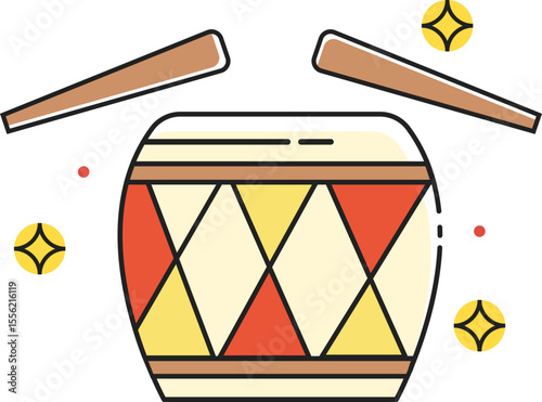 Vibrant Illustrated Drum with Sticks Festive Percussion Instrument Design