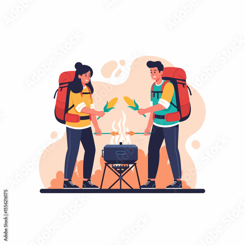 Happy couple camping and cooking corn on a portable grill outdoor