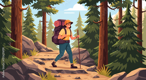 Person hiking on a forest path with a backpack and walking stick