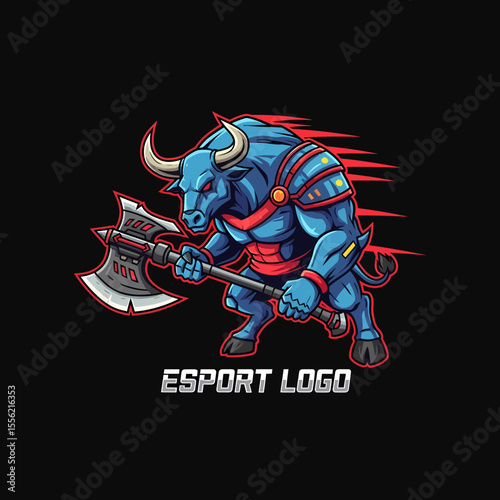 Fierce Blue Minotaur Warrior Holding Battle Axe Mascot Design for Esports Gaming Teams