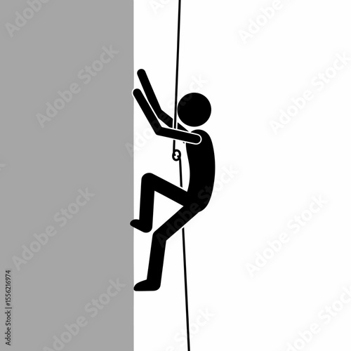 Stick figure climbing a rock wall with rope and harness adventure sport concept