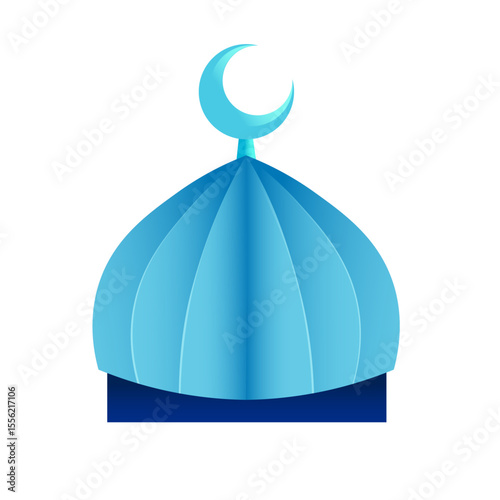Blue Islamic mosque dome with crescent moon icon in modern flat vector style
