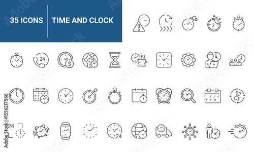 Time and Clock set of web icons in line style. Time management. Timer, Speed, Date, Countdown, Alarm, Recovery, Time, clock, watch, calendar simple icons for web and mobile app. Vector illustration