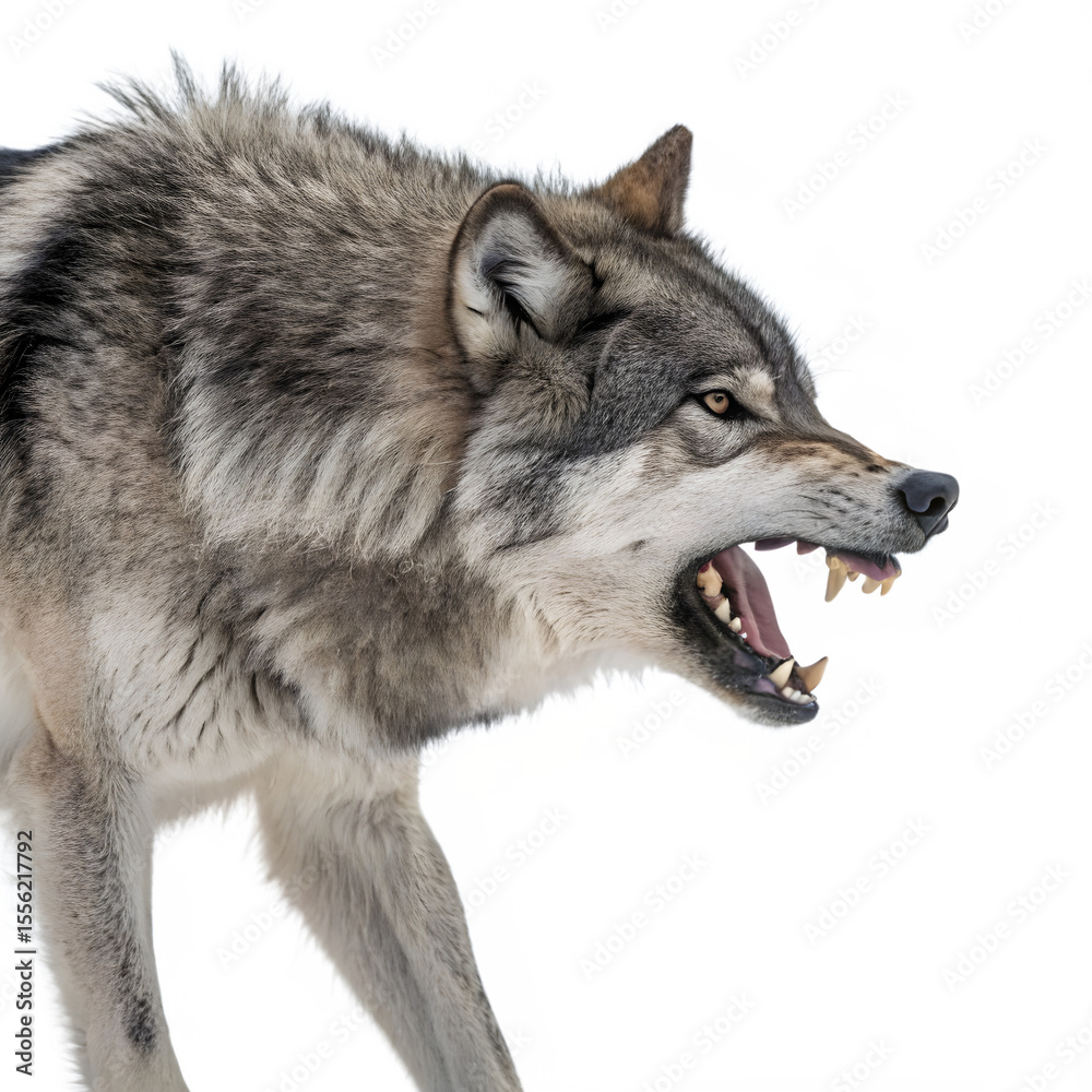 Fototapeta premium Profile view of a snarling grey wolf, its teeth bared, isolated on transparent background