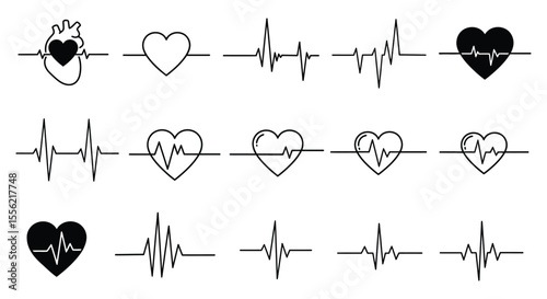 Collection of Diverse Heart and Heartbeat Line Icons with ECG Waves Isolated on White Background – Ideal for Health, Medical, and Love-Themed Designs