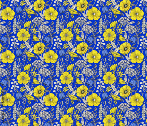 Vibrant botanical floral seamless pattern with yellow poppies and blue bellflowers on royal blue