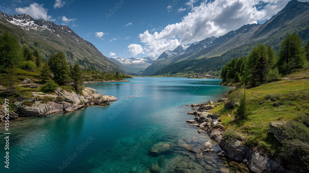 Fototapeta premium Stunning view of the Alps with snow-capped mountains, turquoise and emerald lake, clear blue sky, and fluffy clouds reflecting serene natural beauty and adventure in a tranquil landscape