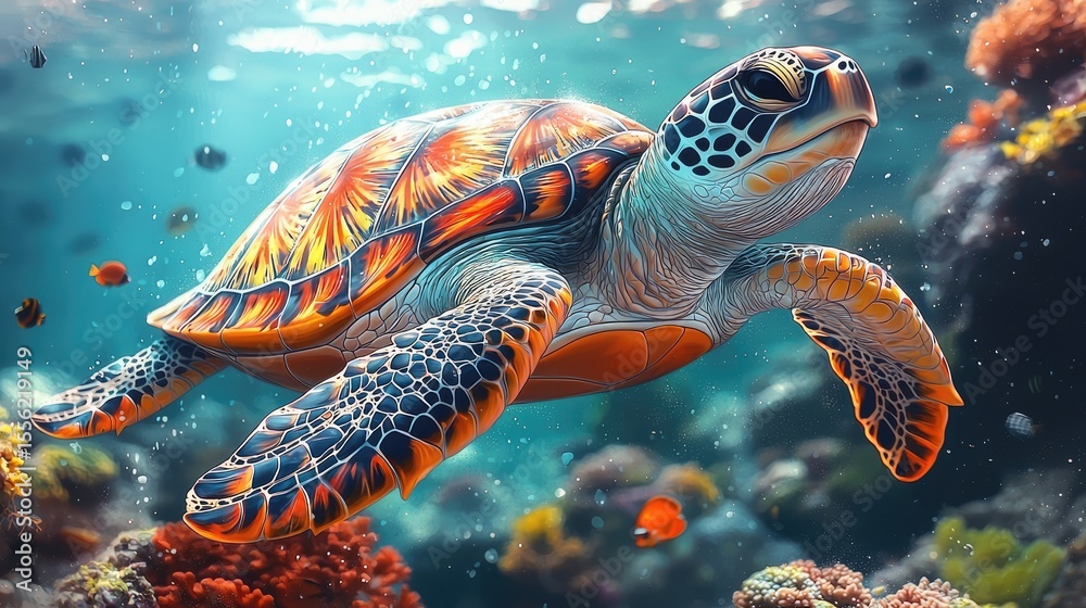 Fototapeta premium Vibrant sea turtle swimming in a coral reef environment.