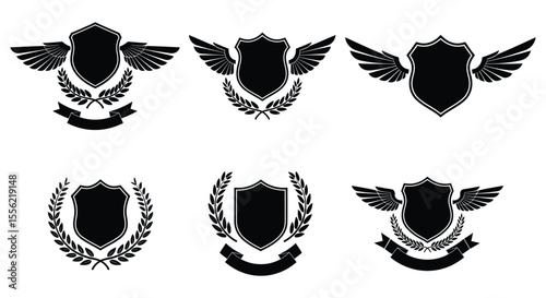 Collection of Vintage Shield and Wing Emblems with Laurel Wreaths and Banners Isolated on White – Ideal for Security, Protection, and Award Designs