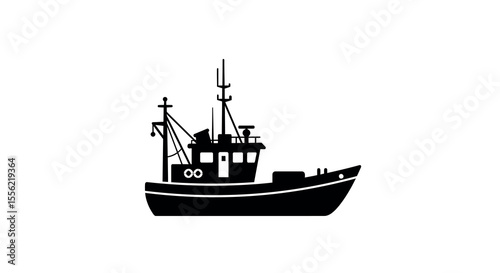Fishing boat silhouette vector illustration for nautical design and sea exploration projects in minimalist flat style