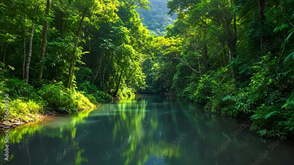Calm River Flowing Through Dense Tropical Jungle Lush Green Vegetation Aerial View Calm River Flowing Through Dense Tropical Jungle Lush Green Vegetation Aerial View