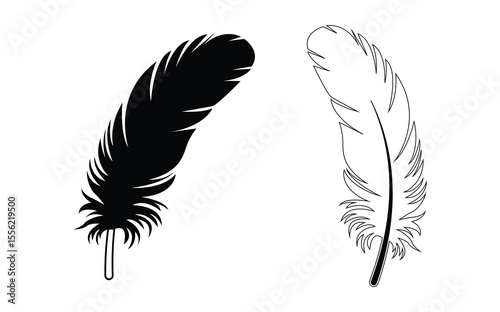 Vector Black and White Fluffy Feather Logo Icons.Feather Set Silhouette Closeup Isolated. 2 Black Feather Silhouettes Design.Realistic black feathers.Birds feather quill swan or crow plumage elements