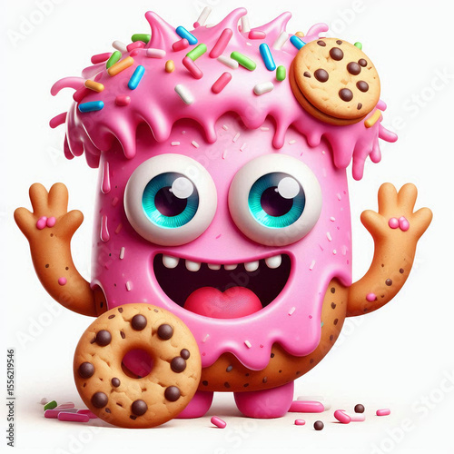 Funny cartoon character of Donut-Eyed Monster with Frosting Hair on an isolated white background