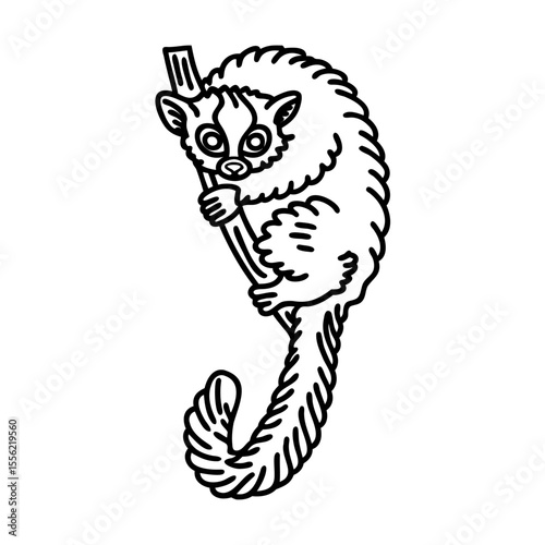 Black line art tarsier clinging to a branch on white background