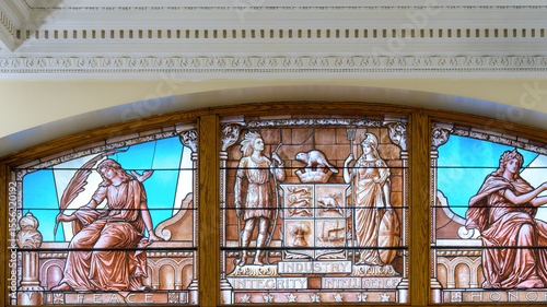 Photography Heritage colonial stained glass window in the Old City Hall building, Toronto, C