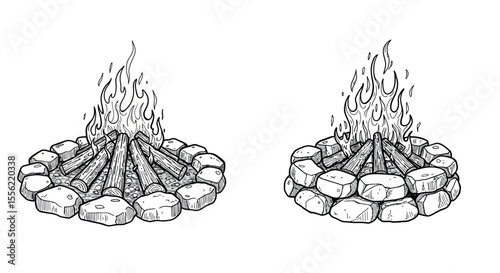 Campfire elements vector illustration for outdoor adventure design in hand drawn sketch style