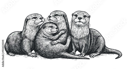 Family of otters black and white vector illustration in hand drawn style for nature enthusiasts