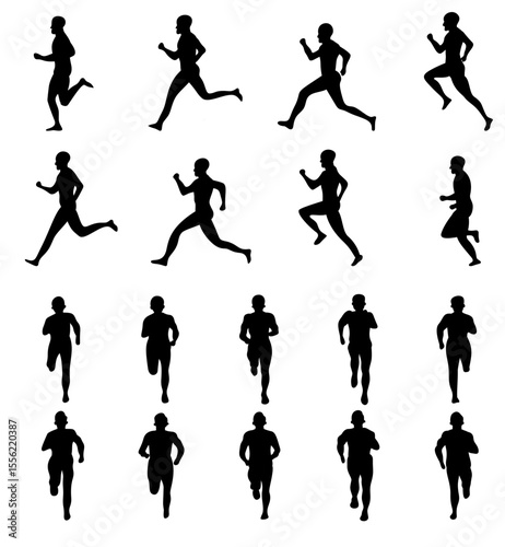 Running jogging side front and back view silhoettes with different poses