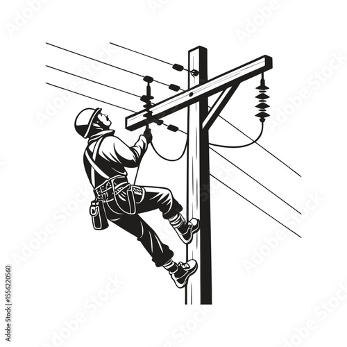 Electric Lineman Working on Utility Pole Silhouette Vector

