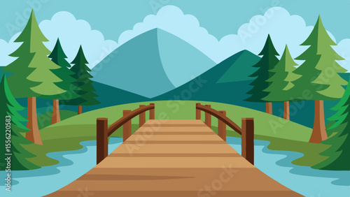 Forest Bridge Road Over River Eco Nature Vector Illustration