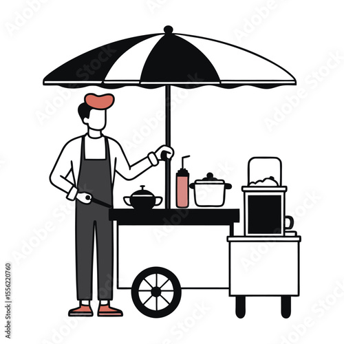 Street Food Vendor Under Umbrella Cooking at Cart Illustration

