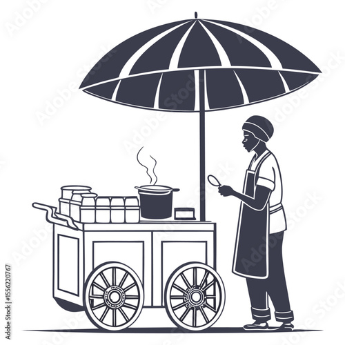 Street Food Vendor Under Umbrella Cooking at Cart Illustration

