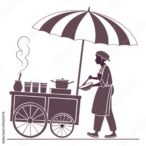Street Food Vendor Under Umbrella Cooking at Cart Illustration

