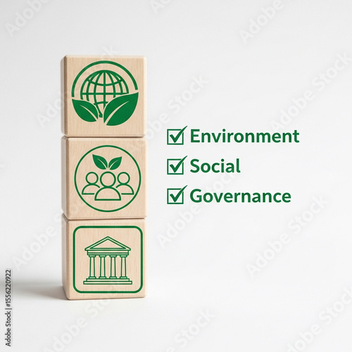 Three stacked wooden blocks with green icons (globe/leaves, people/leaves, building) correspond to a checklist of 