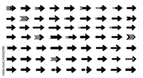 Extensive Collection of Diverse Solid Arrow Shapes and Directional Pointers Isolated on White Background – Ideal for Navigation, Flowcharts, and User Interface Designs