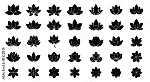 Extensive Collection of Diverse Lotus Flower and Abstract Bloom Silhouettes Isolated on White Background – Ideal for Spa, Yoga, Beauty, and Nature-Themed Designs