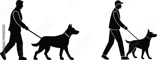 People Walking Dogs Silhouette Set, Pet Owner and Dog Black Icons, Man Leashing Canine Vector Graphic.