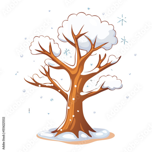 Winter tree illustration with snow covered branches and snowflakes falling for christmas season design