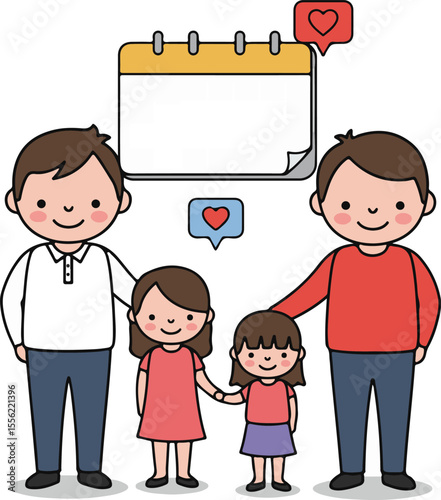 Cartoon dad and daughters with calendar icons